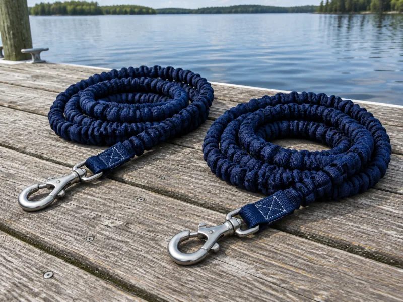 Bungee dock lines with quick connect, shock absorbing