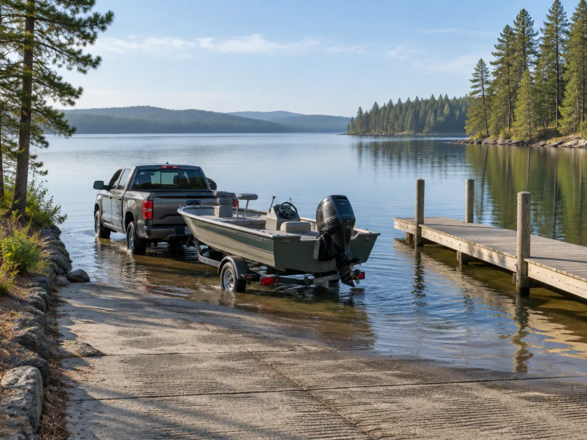 Illustration: a pickup truck backing a small fishing boat down a concrete public boat ramp on a lake