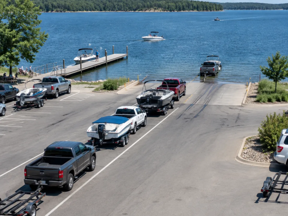 Illustration: trucks with boat trailers waiting in the staging lane of a busy two-lane boat launch