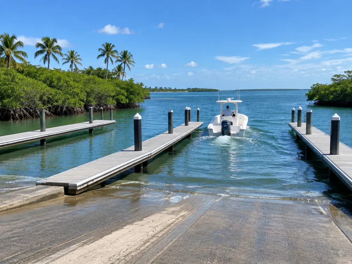 Illustration: a multi-lane coastal boat ramp with long floating docks on a saltwater bay