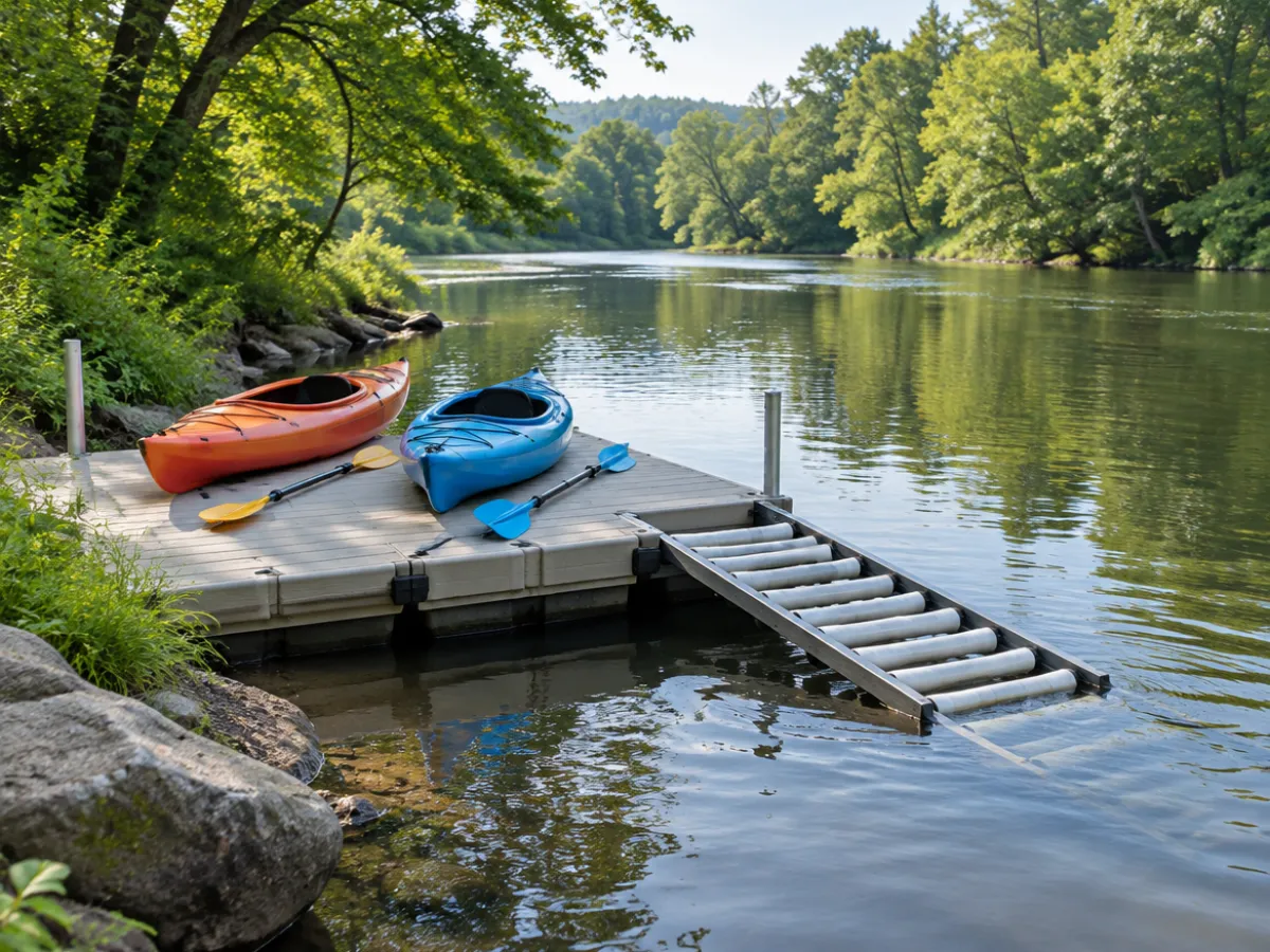 Illustration: a low floating kayak launch dock with a roller slide on a quiet river