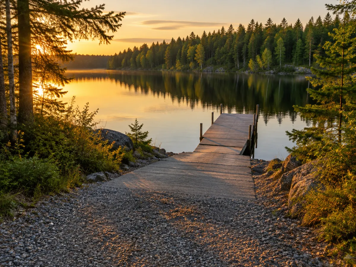 Illustration: a quiet single-lane boat access on a forested lake at golden hour