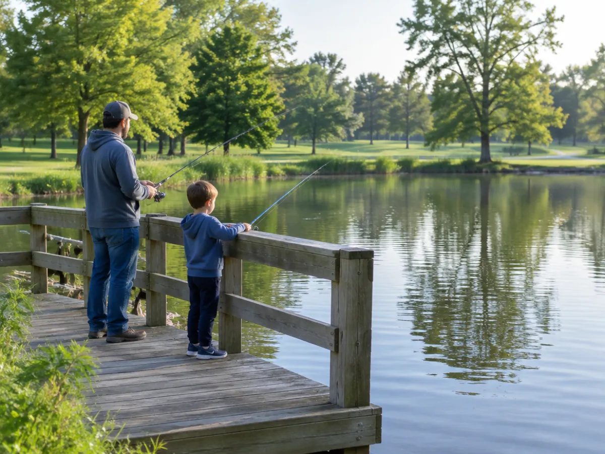 Illustration: a parent and child fishing from a small dock on a city park pond
